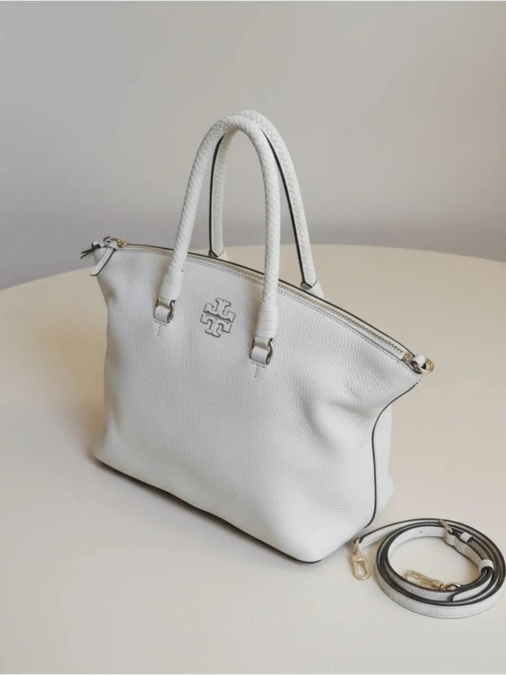 Tory Burch Pebbled Leather Ivory Satchel Tote Crossbody Bag w Dust Bag